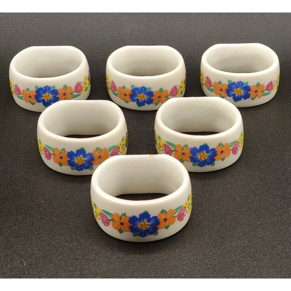 Current Inc Porcelain Napkin Rings Multi-Color Flowers Floral Set of 6 - Picture 1 of 7